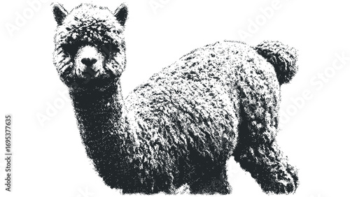 Alpaca portrait with textured halftone effect on transparent background. Vector hand drawn illustration