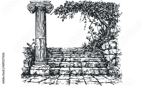 Stone steps and ionic column with overgrown vines on transparent. Vector hand drawn illustration