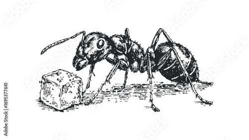 Ant investigating a sugar cube. Vector hand drawn illustration