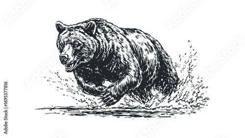 Grizzly Bear Running Through Water Splash. Vector hand drawn illustration