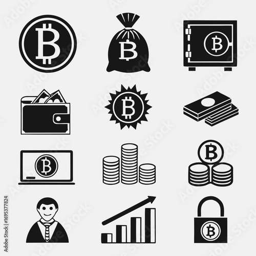 Collection of bitcoin themed icons including coins wallet graph and a businessman in black and white