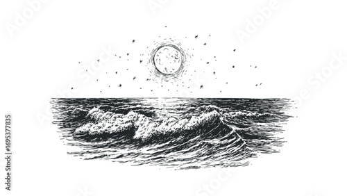Rough ocean waves under a full moon and scattered stars. Vector hand drawn illustration