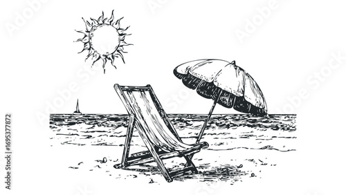 Beach chair and umbrella on sandy shore under sun with sailboat in distance. Vector hand drawn illustration