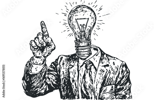 Person with lightbulb head pointing finger up. Vector hand drawn illustration