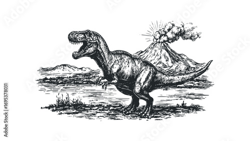 Sketch of a Tyrannosaurus Rex with a volcano erupting in the background. Vector hand drawn illustration