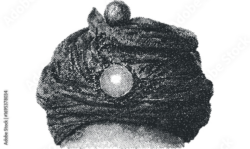 Turban with intricate dot texture and ornate pearl ornament. Vector hand drawn illustration