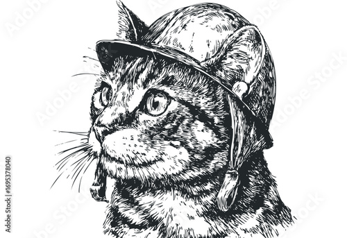 Sketch of a tabby cat wearing a vintage helmet on a transparent background. Vector hand drawn illustration