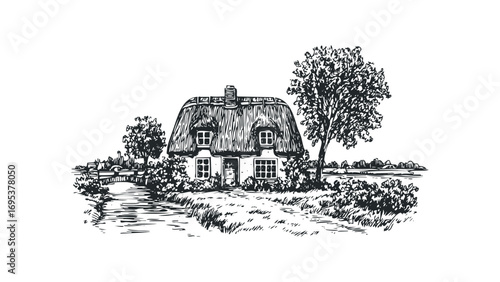 Quaint Thatched Roof Cottage with Trees and Bridge in Sketch Style. Vector hand drawn illustration