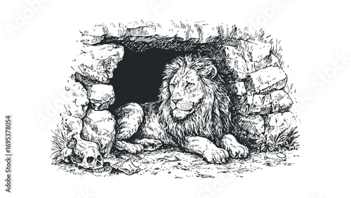 Line drawing of a majestic lion resting near a skull within a rocky cave entrance. Vector hand drawn illustration