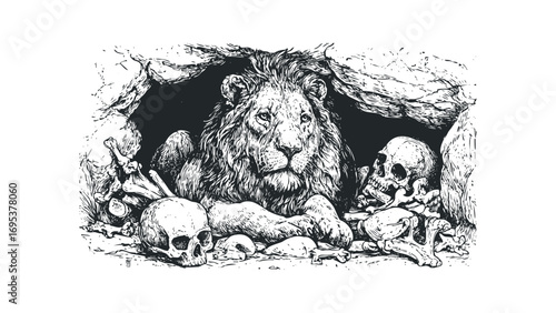 Lion resting in cave surrounded by skulls and bones. Vector hand drawn illustration