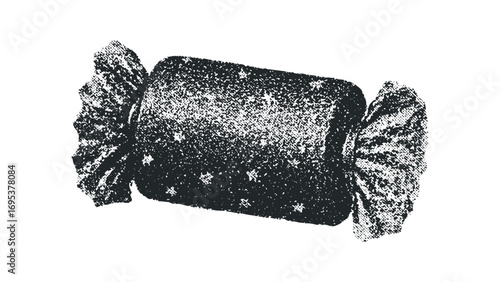 Textured black candy wrapped in crinkled ends on a white isolated background. Vector hand drawn illustration