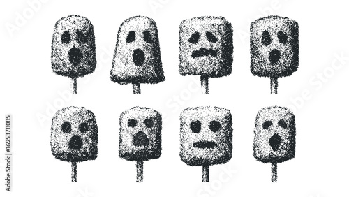 Group of playful ghost shaped candy on sticks transparent. Vector hand drawn illustration
