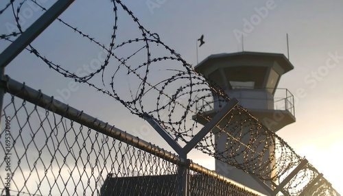 Prison security fence and watchtower