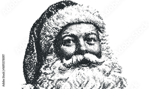 Pensive man with bushy mustache and fur hat in stippled texture. Vector hand drawn illustration
