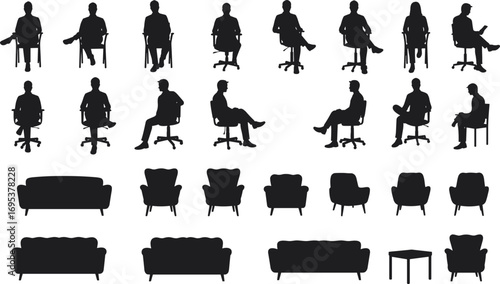 Silhouette of people sitting on office chairs and sofas, workplace furniture collection, professional staff poses, business vector illustration