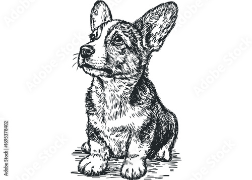 Line drawing of a cute corgi puppy sitting alertly on a white background. Vector hand drawn illustration