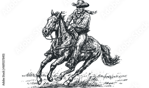 Man on Horseback Galloping Through Grassland. Vector hand drawn illustration