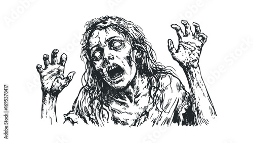 Scary zombie with outstretched hands, on transparent background. Vector hand drawn illustration