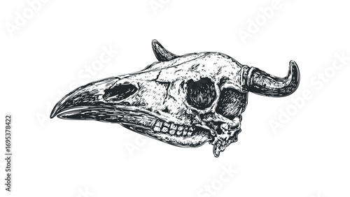 Detailed Hand Drawn Bovine Skull with Horns on Transparent. Vector hand drawn illustration