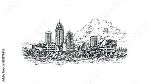Destroyed city skyline with rubble and damaged skyscrapers, ink sketch. Vector hand drawn illustration