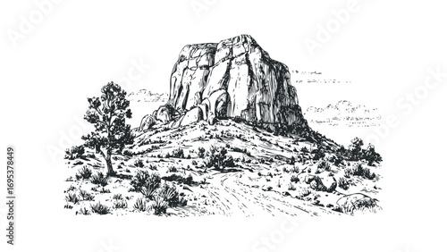 Pen and ink sketch of a rugged mountain peak with sparse vegetation and a winding path. Vector hand drawn illustration