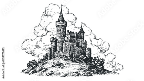 Medieval stone fortress on a hill with clouds in a sketch style. Vector hand drawn illustration