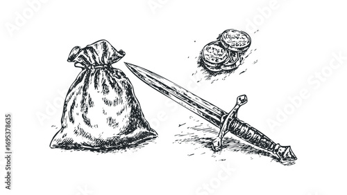Pouch of gold coins and sword sketch. Vector hand drawn illustration