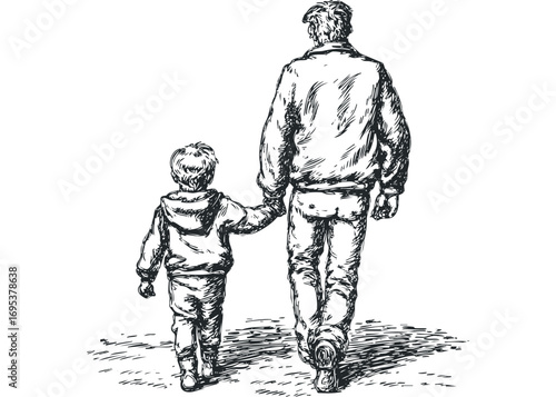 Father and Son Holding Hands Walking Together. Vector hand drawn illustration