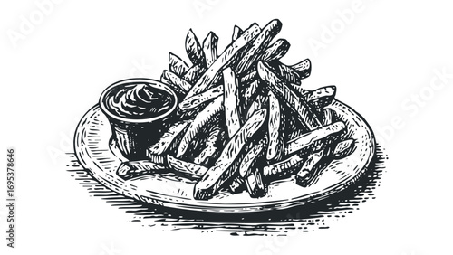 Hand drawn french fries with dipping sauce on plate,. Vector hand drawn illustration