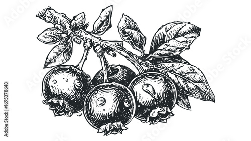 Black and white sketch of ripe berries on a branch with leaves on a transparent background. Vector hand drawn illustration