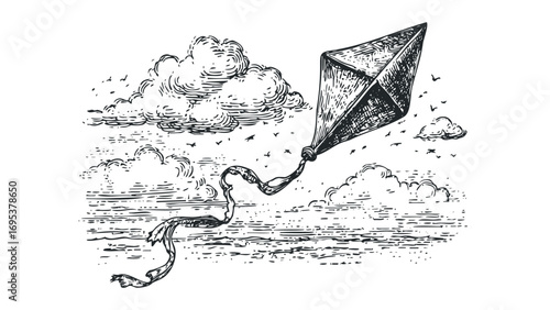 Sketch of a kite with ribbon flying among clouds and birds on a transparent background. Vector hand drawn illustration