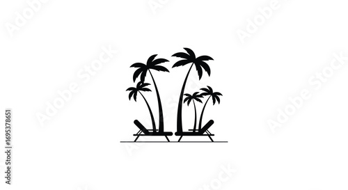 tropical scene with palm trees and beach chairs