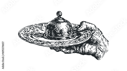 Hand holding ornate serving dish with domed lid,. Vector hand drawn illustration