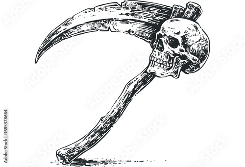 Grim Reaper's Scythe with Skull Image. Vector hand drawn illustration