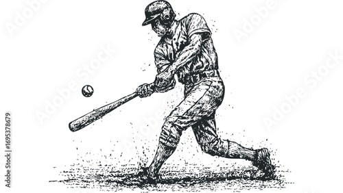 Sketch of a baseball player swinging a bat on transparent background. Vector hand drawn illustration