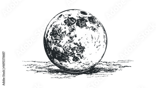 Full moon with craters on a white background. Vector hand drawn illustration