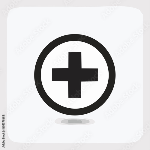 Black plus symbol inside a white circle, representing a medical or information icon