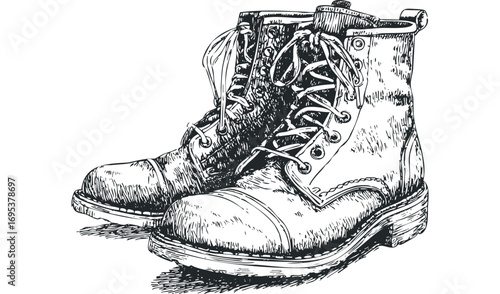 Pen and ink sketch of sturdy lace-up boots on a transparent background. Vector hand drawn illustration