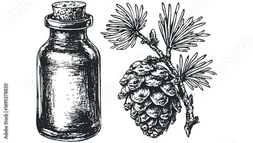 Glass bottle with cork stopper and pine cone on a branch. Vector hand drawn illustration