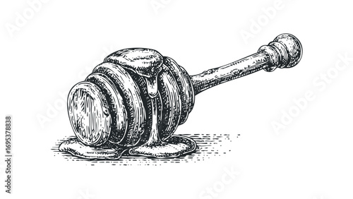 Wooden honey dipper with dripping honey on a white. Vector hand drawn illustration