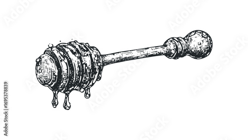 Hand Drawn Honey Dipper with Dripping Sweet Liquid. Vector hand drawn illustration