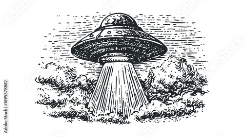 Flying saucer descends with beam onto terrain with foliage on transparent background. Vector hand drawn illustration