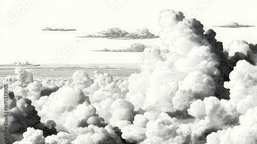 Dramatic black and white sky with thick towe clouds and subtle horizon clouds creating a moody atmospheric scene with detailed texture and depth