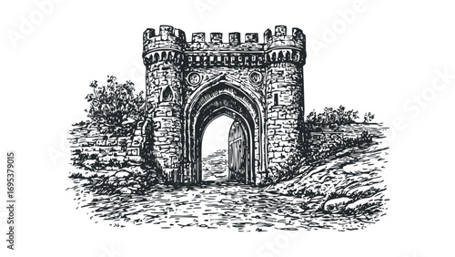Ink sketch of an ancient stone gatehouse with arched entrance and crenellated turrets on. Vector hand drawn illustration