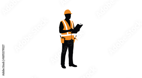 a construction worker wearing safety gear holding clipboard
