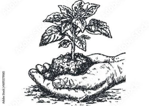 Hand holding seedling for planting. Vector hand drawn illustration
