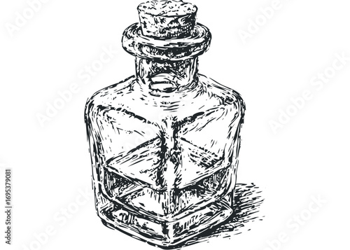 Sketch of old glass bottle with cork stopper isolated on white. Vector hand drawn illustration