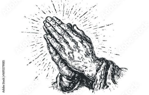 Hand drawing of praying hands with radial lines emanating outward on a transparent background. Vector hand drawn illustration