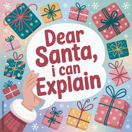 Humorous Dear Santa Letter Concept with Gifts and Hand Illustration