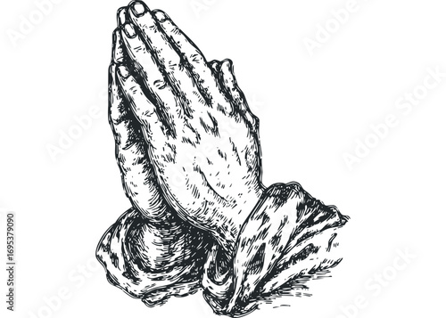 Sketch of Praying Hands Clasped in Reverence on Transparent Background. Vector hand drawn illustration
